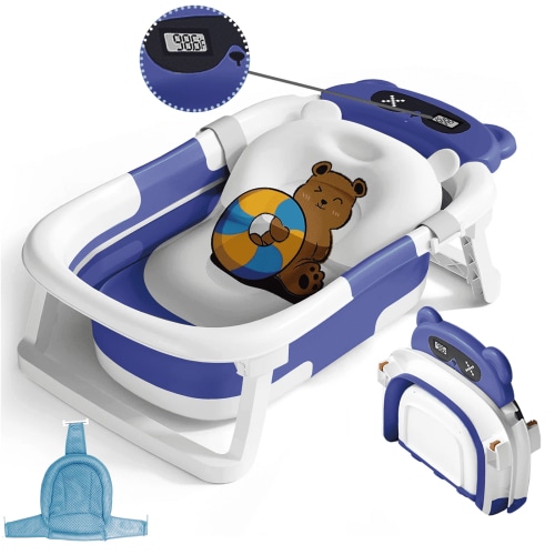 stusgo Collapsible Baby Bathtub, Folding Baby Tub with Cushion and Thermometer, Blue