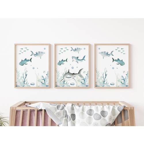 Shark Nursery Wall Art Poster, Ocean Nursery Decor, Ocean Life Posters, Set of 3 Mailed Posters, Under The Sea Nursery O32