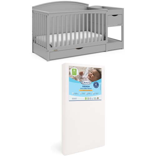 Graco Bellwood 5-in-1 Convertible Crib and Changer and Premium Crib & Toddler Mattress Bundle, Pebble Gray