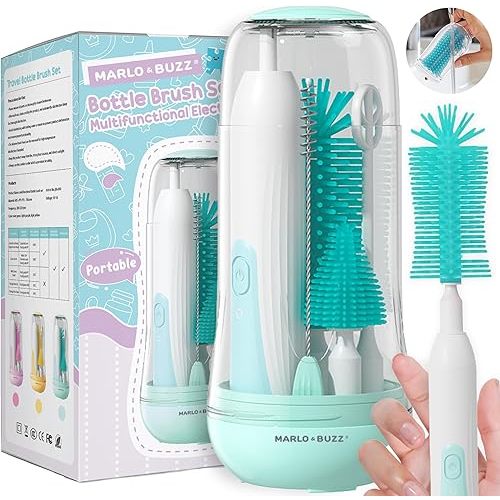 Electric Baby Bottle Brush Cleaner Set, Rechargeable Waterproof Silicone Brushes with Large Bottle Brush, Nipple Brush, Straw Brush, Milk Stirrer, Drying Rack (Green)