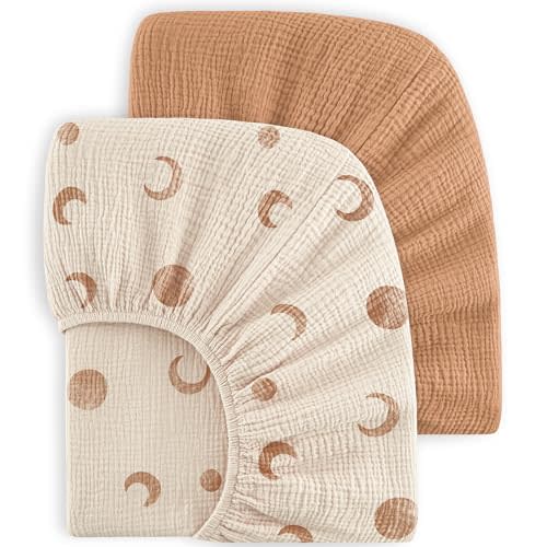 Bearmoss Muslin Crib Sheets 100% Cotton Baby Bed Sheets Soft&Breathable Nursery Sheet 52"x28" for Standard Crib Mattress&Toddler Bed Mattress - 2 Pack (Brown Moon)