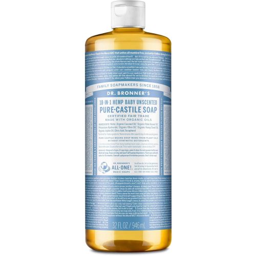 Dr. Bronner's Pure Castile Liquid Soap - Made with Regenerative Organic Certified Oils - 18-in-1 Uses for Face, Body, Hand Gentle on Baby & Sensitive Skin Body Wash Unscented,32oz