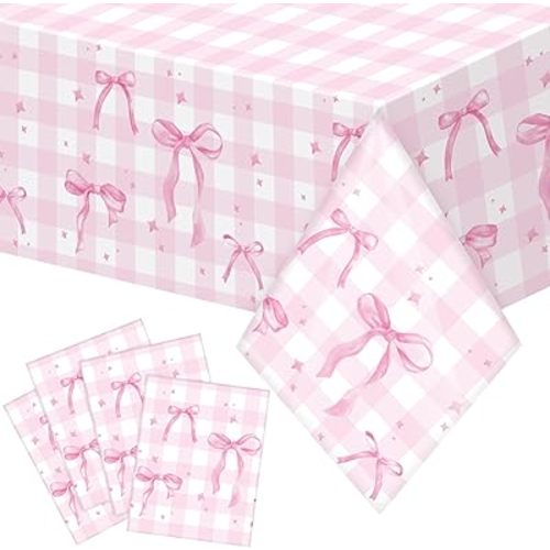 Oudain 4 Pcs Coquette Pink Bow Tablecloth Pink Gingham Tablecloth 87 x 51 in Checkered Bow Table Cloth Disposable Rectangle Waterproof Plaid Plastic Table Covers for Picnic Birthday Party