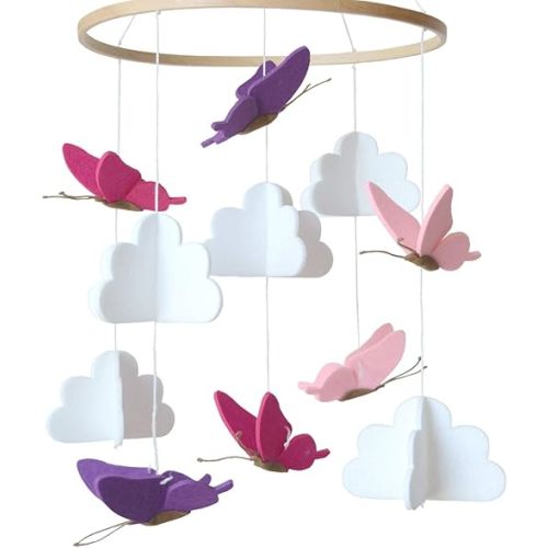 Baby Crib Mobile - Butterflies in The Clouds Nursery Crib Decoration for Girls & Boys - Pink & Purple