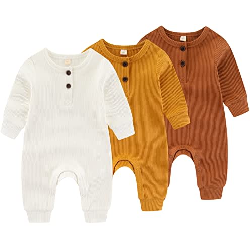 IADOER Newborn Baby Boys Girls One Piece Romper With Mitten Cuffs 3 Pack Long Sleeve Ribbed Button Jumpsuit Outfit Clothes