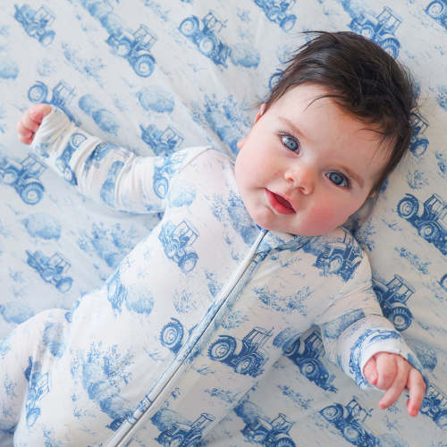 Tractor Blue Long Sleeve Hudson Footie Zippered One Piece | Posh Peanut®