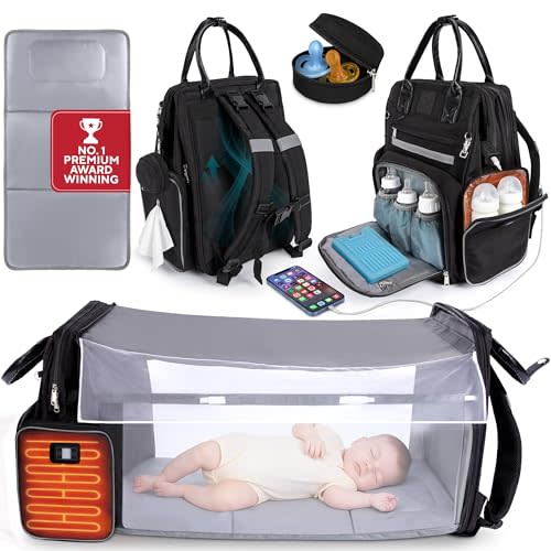Award-Winning Baby Diaper Bag Backpack with Changing Station – Large Multifunction Waterproof Diaper Bag, Heated Bottle Pockets, Travel Baby Organizer Mom & Dad, Premium Baby Essentials, Newborn Gift