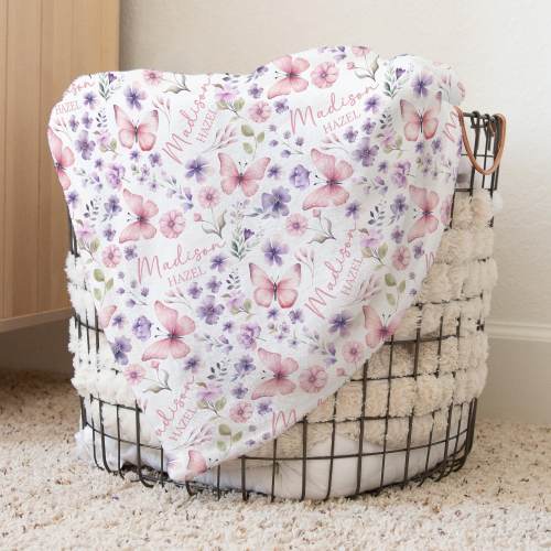 Custom Pink Butterfly Baby Name Blanket Personalized Flower Swaddle Hospital Blanket New Mom Gift Newborn Baby Shower Gift Toddler Blanket