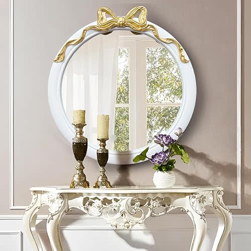 28 inch Round/Circle Wall Mirror, Vanity Bow Mirror for Wall Decor, Decorative Antique White&Gold Bathroom Mirrors, Traditional Art Home Decor for Dressing Table, Living Room, Bedroom