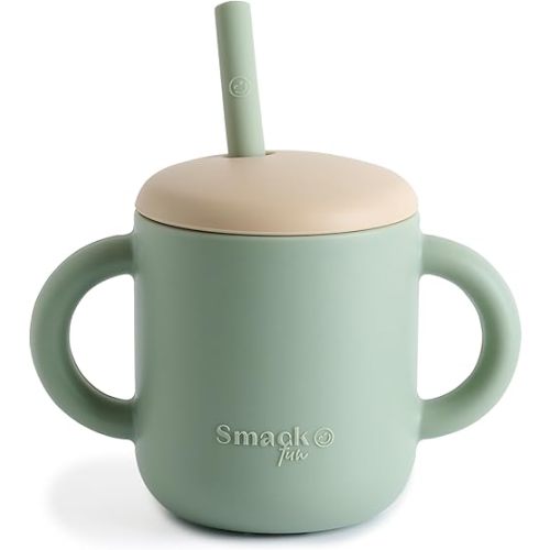 Smack Fun - Fun Cup | 100% Silicone Training Cup & Straw for Toddlers | 6 Months+ (Cambridge Blue/Shifting Sand)