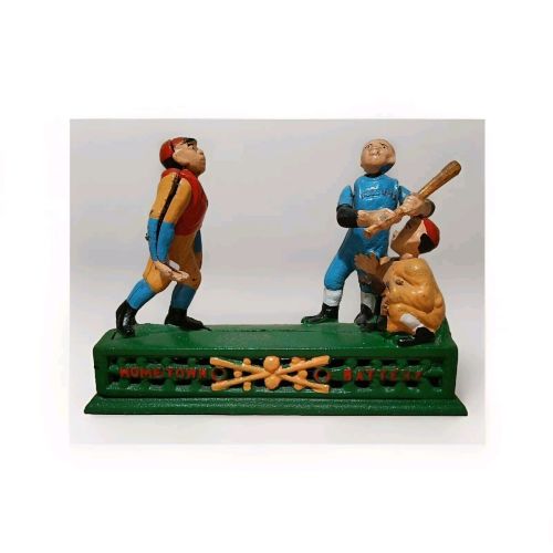 Cast Iron 1950s Baseball Coin Bank Mechanical Home Town Battery