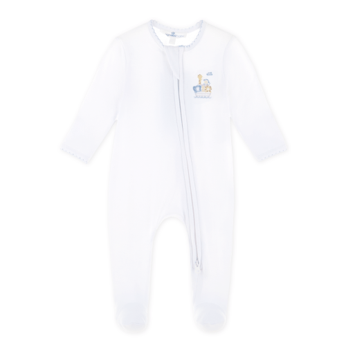 Noah's Ark Hand-Embroidered Zip Footie - Light Blue 6M