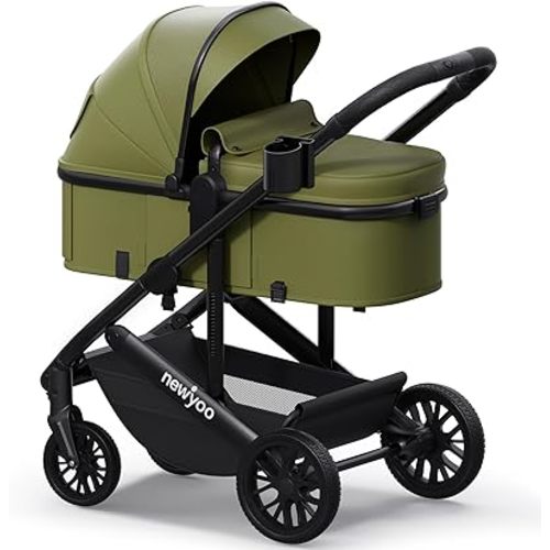 newyoo Infant Stroller with Bassinet Mode, Nestro 516M, Baby/Newborn Strollers w Convertible/Reversible Seat & Cup Holder, Coches para Bebes, 2-in-1 Rear-Facing Pram, Green