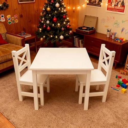 PETIT BATEAU Solid Wood Kids Table and 2 Chairs Set,Montessori Modern AMMEHOELA Irish Designer for 2-8 Years Toddler,MilkyWhite