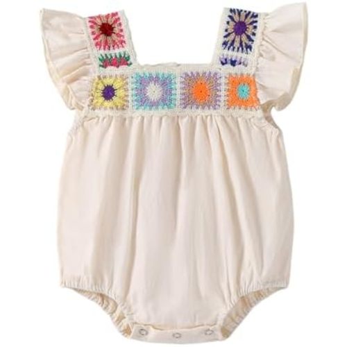 Newborn Baby Girl Smocked Bubble Romper Cute Boho Summer Clothes Ruffle Sleeveless Crochet Flower Vintage Bodysuit