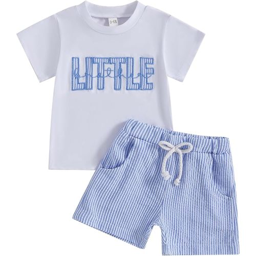 Toddler Infant Baby Boy Summer Outfit Letter Short Sleeve Elastic Stripes Shorts Brothers T-shirt 2Pcs Set