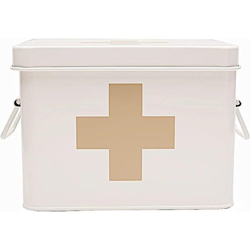 Lassos Boutique Retro Enameled First Aid Box for Medicine Storage and Home Decor with Lid and Removable Tray