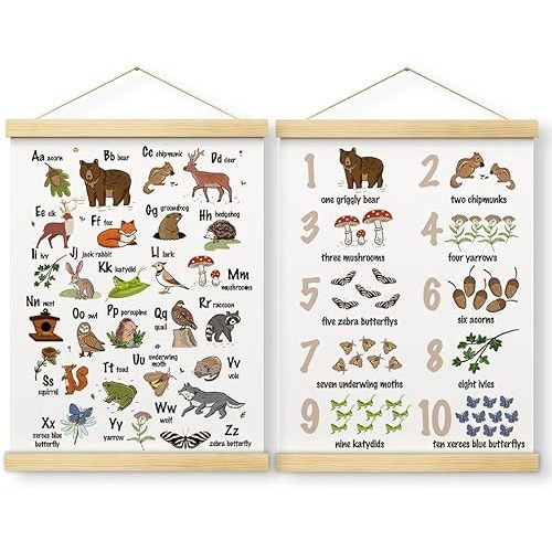 Woodland Animal Number Alphabet Poster Set of 2, ABC Posters for Toddlers with Wooden Frames, Learning Posters for Toddlers 1-3, Nursery Play Room Wall Decor, Kids Wall Art 12x16 inch - A06