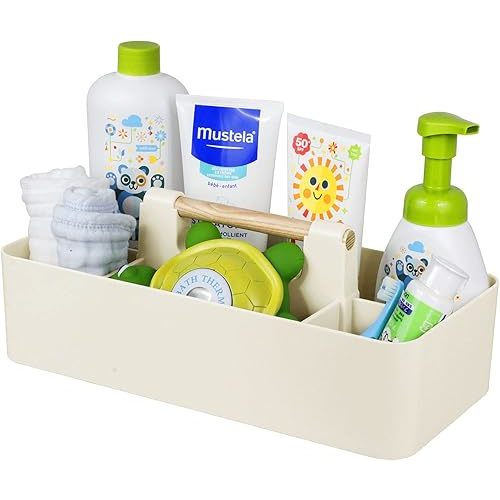 Baby Shower Caddy Plastic Nursery Portable Storage Organizer Caddy Tote for Child/Kids, Divided Basket Bin with Wood Handle for Bathroom, Dorm Room, Holds Hand Soap, Bottles, Spoons (Beige)