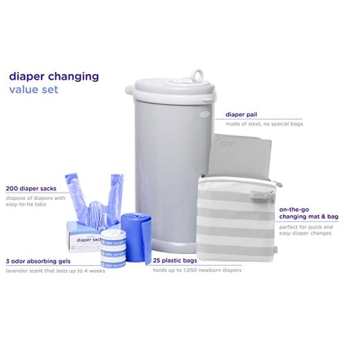 Ubbi Diaper Changing Value Gift Set, Baby Registry Gift, Includes Gray Diaper Pail, Absorbing Gels, Travel Changing Mat & Bag, Diaper Pail Waste Bags and On-the-Go Waste Sacks - Value Set
