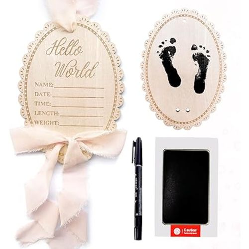 Hello World Baby Announcement Sign, Pink Bow Newborn Sign, Wooden Name Sign for hospital, With Ink Pad for Hand and Footprints, Marker Pen, Bow Ribbon Baby Photo Prop & Keepsake