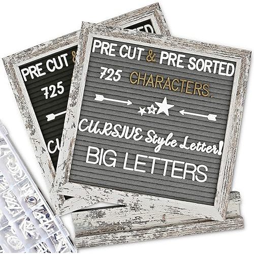 Double Sided Felt Letter Board with Rustic Wood Frame 10x10 Inch - Pre Cut & Sorted 725 Letters with Stand, Cursive Style Letters, Big Letters, Letter Organizer, Tabletop Display