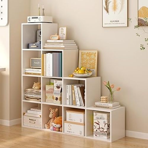 Ladder Cube Storage Bookcase - Wooden L-Shaped 4-Tier Corner Shelf, Reversible 10-Cube Organizer for Home & Office, White