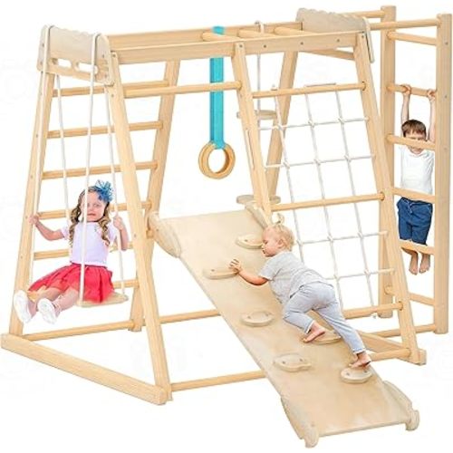 Jungle Gym, Toddler Climbing Toys, Indoor Playground Climbing Toys for Toddlers, Montessori Style Playground Sets for Backyards with Slide, Climbing Wall, Rope Wall Climber, Monkey Bars, Swing