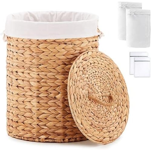 Round Water Hyacinth Laundry Hamper with Lid Handwoven Wicker Basket with Handles for Dirty Clothes, Storage, and Organization, No Assembly Required, 40L