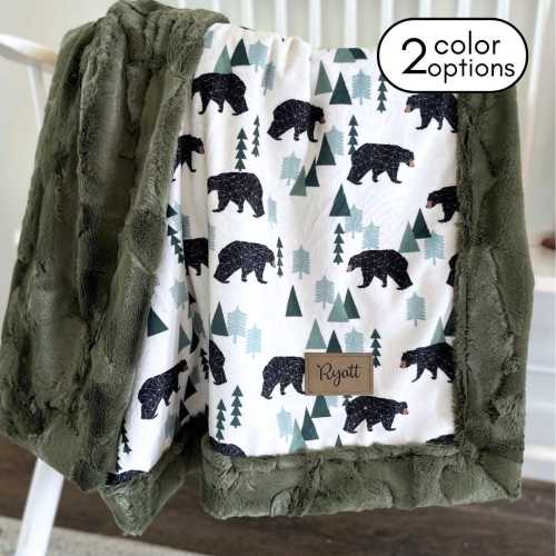 Woodland Forest Blanket Bear Minky Blanket Luxury Faux Fur Kids Blanket Birthday Gift Cozy Fluffy Soft Blanket Baby Boy Woodland Nursery