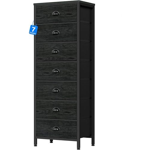 Furnulem Bedroom Dresser, Tall Chests of Drawers with 7 Fabric Bins, Black Organizer in Closet, Dorm, Living Room, Nursery, Hallyway-Storage Tower Unit, Sturdy Steel Frame