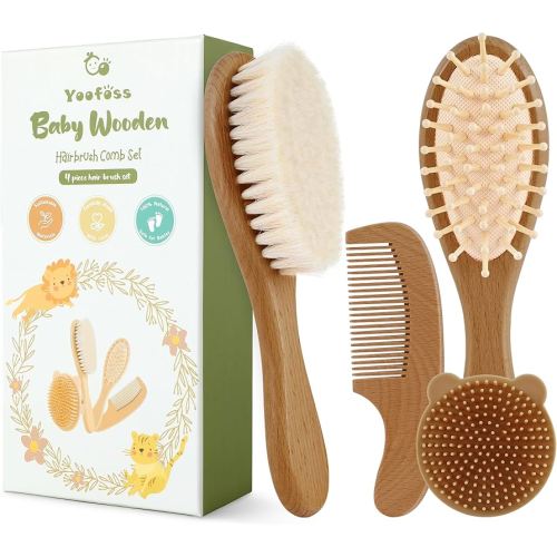 Yoofoss 4 Piece Baby Hair Brush and Comb Set, Wooden Baby Hair Brush with Natural Ultra Soft Goat Hair, Baby Comb Set for Boy, Girl - Walnut