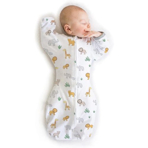 Amazing Baby Transitional Swaddle Sack with Arms Up Half-Length Sleeves and Mitten Cuffs, Medium, 3-6 months, 14-21 lbs, On Safari (Arms Up Swaddle, Transition Swaddle Sleep Sack for Better Sleep)