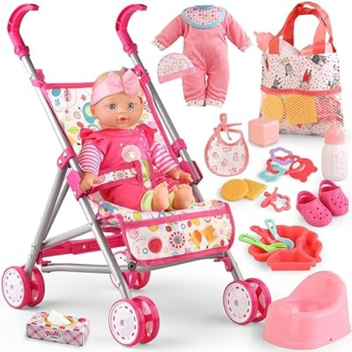YIYBM Baby Doll with Stroller Set with 12.5" Baby Dolls, Handbag, 2 Sets Doll Clothes and 16 PCS Doll Accessories. Baby Stroller Toys for Toddler Girls Kids Ages 3-5 4-6 for Pretend Play.