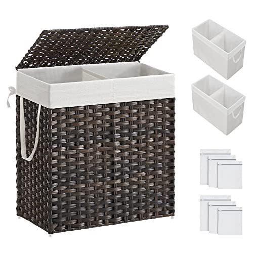 SONGMICS Laundry Hamper with Lid, 110L Clothes Hamper with 2 Removable Liner Bags, 6 Mesh Bags, Wicker Laundry Basket, Double Laundry Hamper for Bathroom, 13 x 22.4 x 23.6 Inches, Brown ULCB052K02