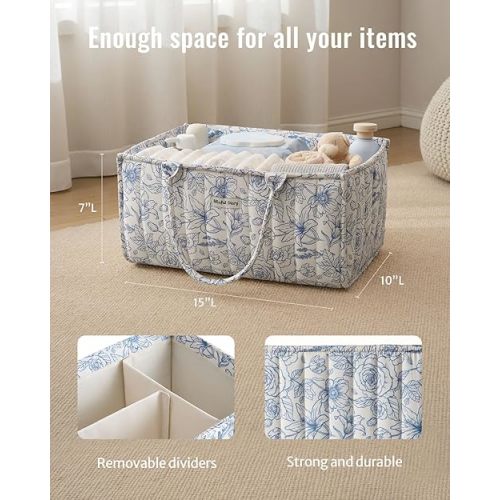 Blissful Diary Floral Diaper Caddy Organizer, Stylish Nursery Storage Basket, Gift for Baby Shower, Baby Registry Must Have, Newborn Essentials, Blue Floral