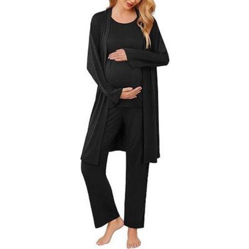 Ekouaer Maternity Nursing Robe Set 3 Pieces Sleeveless Top, Pregnancy Pants & Robe Double Layer Pajamas S-XXL Black L