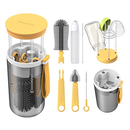 Baby Essential Travel Bottle Cleaner Kit with Silicone Bottle Brush，Built-in Snap-on Drying Rack，Silicone Nipple-Shaped Brush，2 Straw Brushes，Bottle Soap Dispenser，Bottle Warmer Bowl.（Yellow）