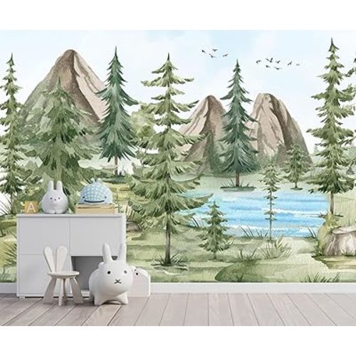-Watercolor Green Pine Mural Cartoon Forest Fabric Wallpaper Children's Room 100" x 65"(Not Peel and Stick)