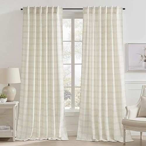 RYB HOME Rustic Plaid Curtains for Living Room Linen Blend Gingham Curtains 84 Inch Length, Farmhouse Vintage Gingham Drapes for Bedroom Farmhouse, 52 X 84 Inch, Light Beige, 2 Panels