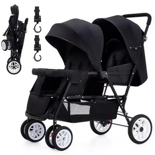 Double Stroller, Double Stroller for Infant Toddler, Foldable Double Baby Stroller with Tandem Seating and Adjustable Backrest - Extra Gift Toys/Mosquito Net/Sleeping Mats/ 2 Hooks/ 2 Pads (Black)