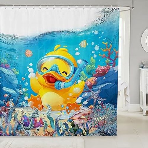 Feelyou Kids Cute Duck Bath Curtain Ocean Sealife Shower Curtain Underwater World Bathroom Shower Curtain Set Boys Girls Cartoon Animal Teens Bathroom Accessories Bedroom Decor 72"x72"