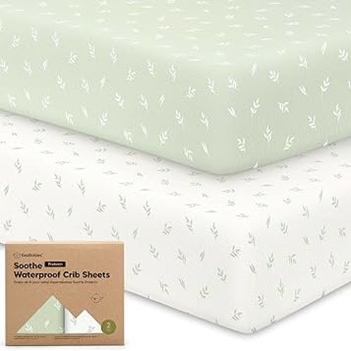 2-Pack Waterproof Crib Sheets for Girl, Boy - Organic Cotton 52X28 Fitted Crib Sheets Neutral, Crib Mattress Protector Sheets, Soft Toddler Bed Sheets,Washable Infant Fitted Baby Crib Sheets (Herb)