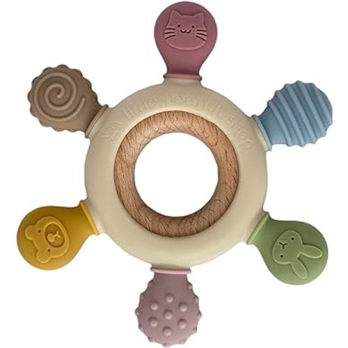 Silicone and Natural Beech wood Baby Teethers (Beige, Ring)