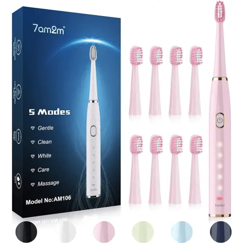 7AM2M Sonic Electric Toothbrush for Adults and Kids- High Power Rechargeable Toothbrushes with 8 Brush Heads,5 Adjustable Modes, Built-in 2-Minute Smart Timer,4 Hours Fast Charge for 30 Days(Pink)