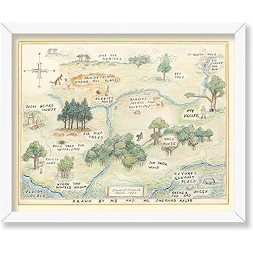 Poster Master Vintage Illustration Poster - Retro Landscape Print - Gift for Baby, Kid - 100 Acre Wood Map, Bear, Pig, Animal, Famous Cartoon - Wall Decor for Bedroom Nursery, 16x20 White Framed