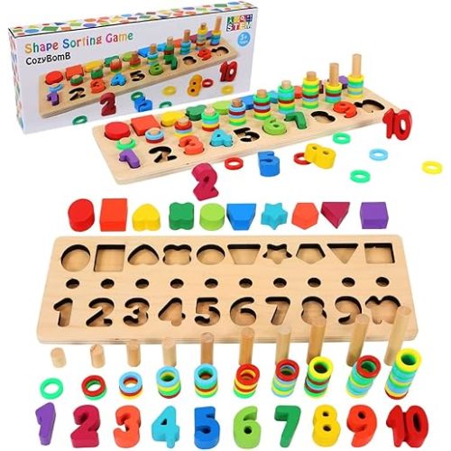 CozyBomB™ Montessori Educational Wooden Toys for Kids Toddler Number Puzzles Sorter Counting Shape Stacker Stacking Game Preschool Math Blocks Toys Gifts for Boy Girl Birthdays Christmas Holidays