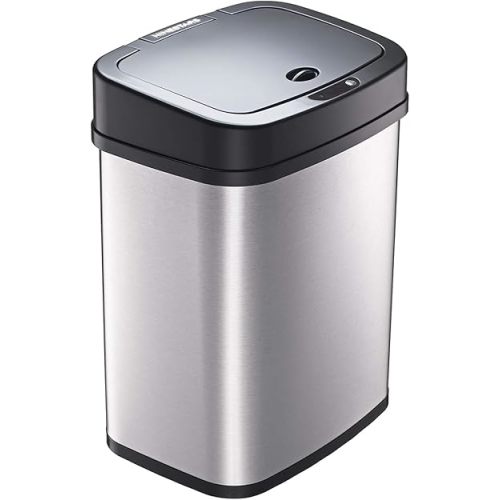NINESTARS DZT-12-5 Bedroom or Bathroom Automatic Touchless Infrared Motion Sensor Trash Can, 3 Gal 12L, Stainless Steel Base (Rectangular, Black Lid)
