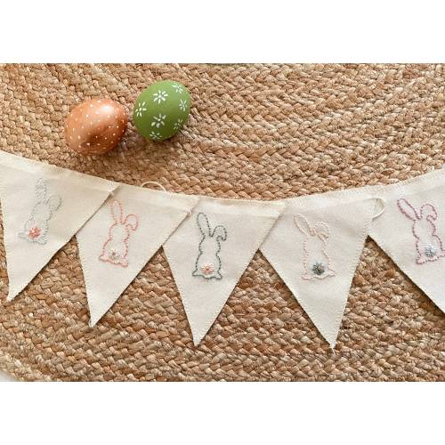 Bunny Patterned Fabric Embroidery Pennant Garland ,Easter Gift Flag String, Unique Easter decor Fabric Bunting Garland, Easter Bunny Bunting