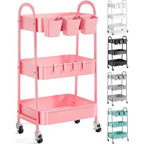 3 Tier Metal Rolling Cart with Lockable Wheels and Handle, Three Tiered Pink Trolley Cart on Wheels, Utility Storage Organizer for Bathroom, Kitchen, Laundry, Art, Craft, Baby Diaper, Snack, Book
